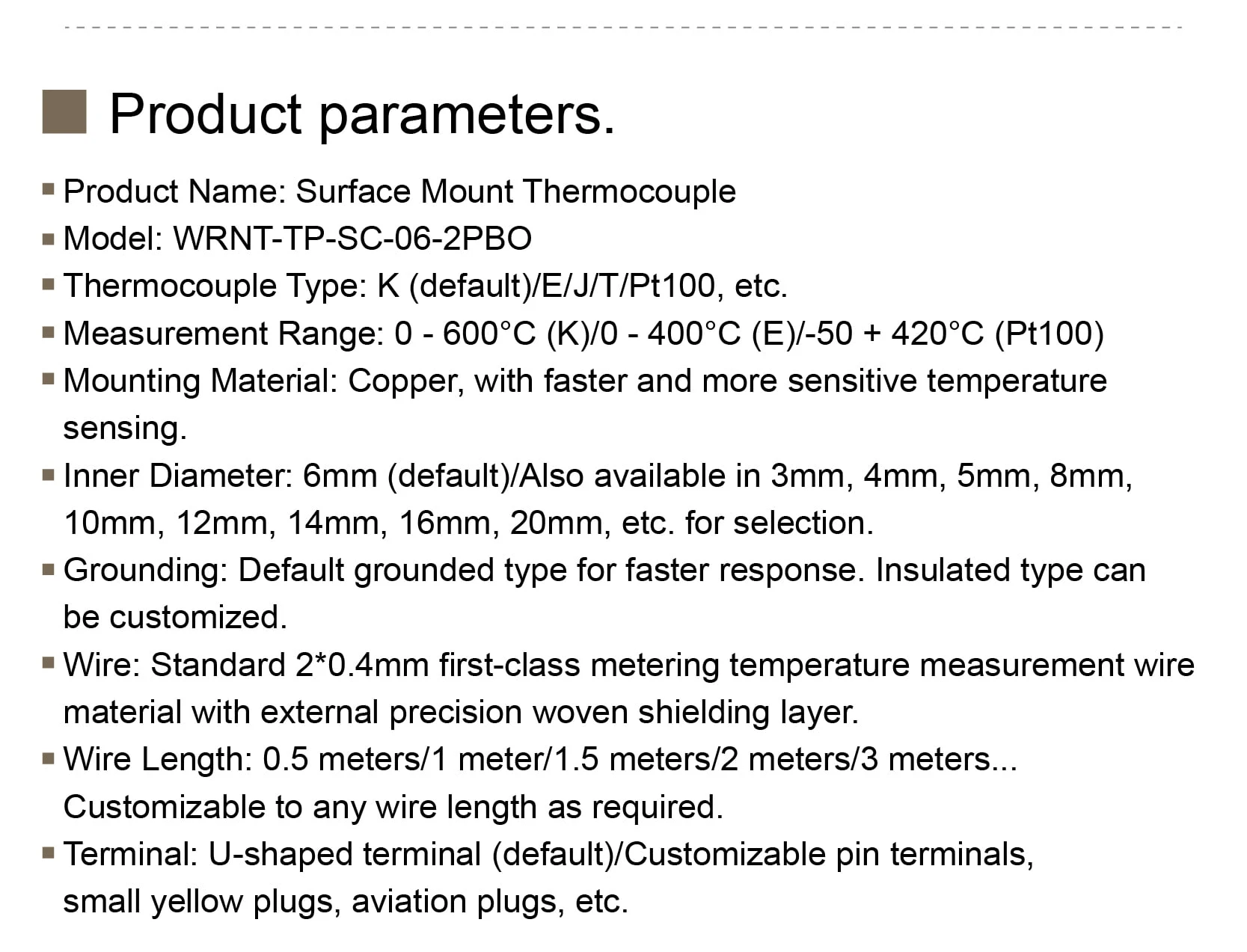 WRNT-TP Surface Mount Thermocouple K E Type with M6 Ring Terminal 0–400°C 0–600°