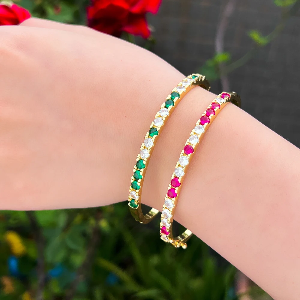 CWWZircons Classic Bling Round Cubic Zirconia Pave Gold Plated Green Tennis Bangle for Women Trendy Jewelry Accessories BG061 5
