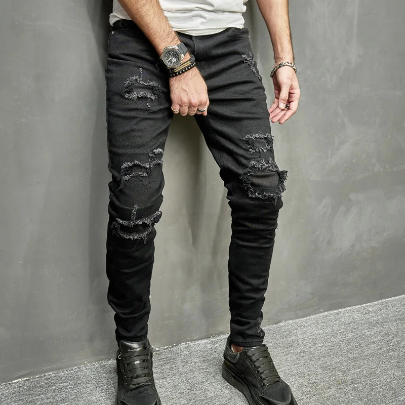 Men's Skinny jeans Casual Slim Biker Jeans Denim Patchwork Distressed Tassel hiphop Ripped Pants Washed Pencil Pants 17B06