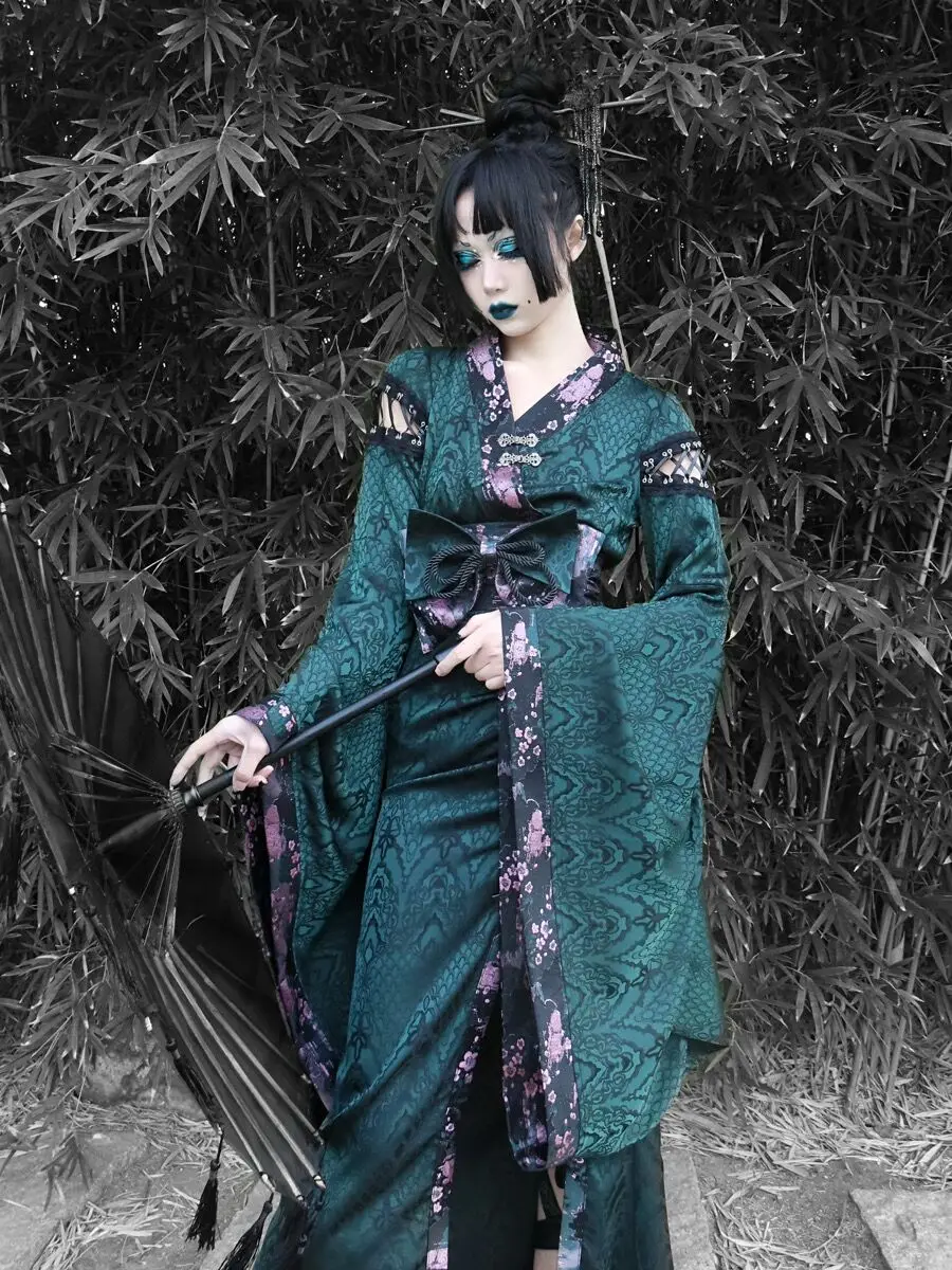 Original Design Kimono Set Women Dark Green Snake Sheath Bow Tie Sexy  Vibrating Sleeve Three-pieces Set Gothic Dress Spring