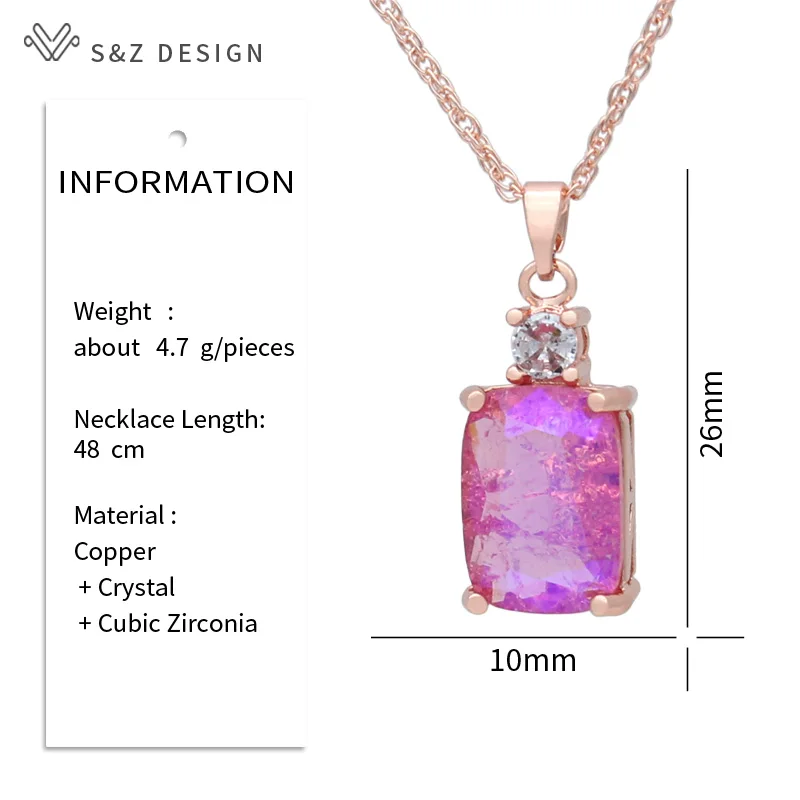 S&Z DESIGN New Fashion 585 Rose Gold Color Cubic Zirconia Rectangle Crystal Pendant Necklace For Women Wedding Party Jewelry