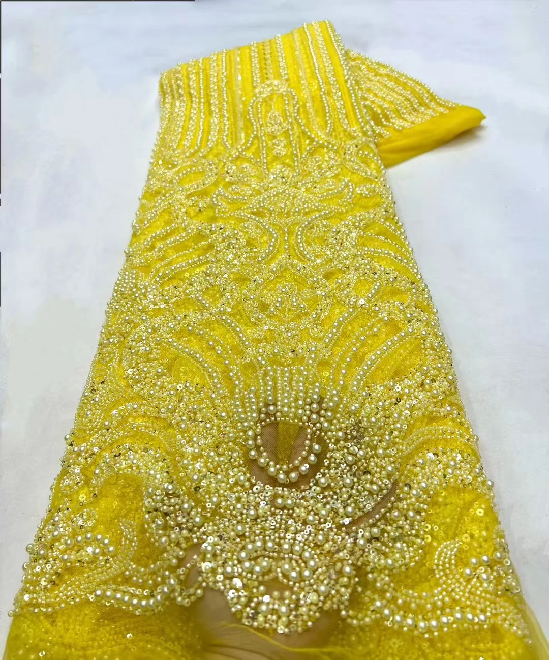 Sequined Burst Embroidered Net Lace with Radiant Flame Motif on Tulle Mesh