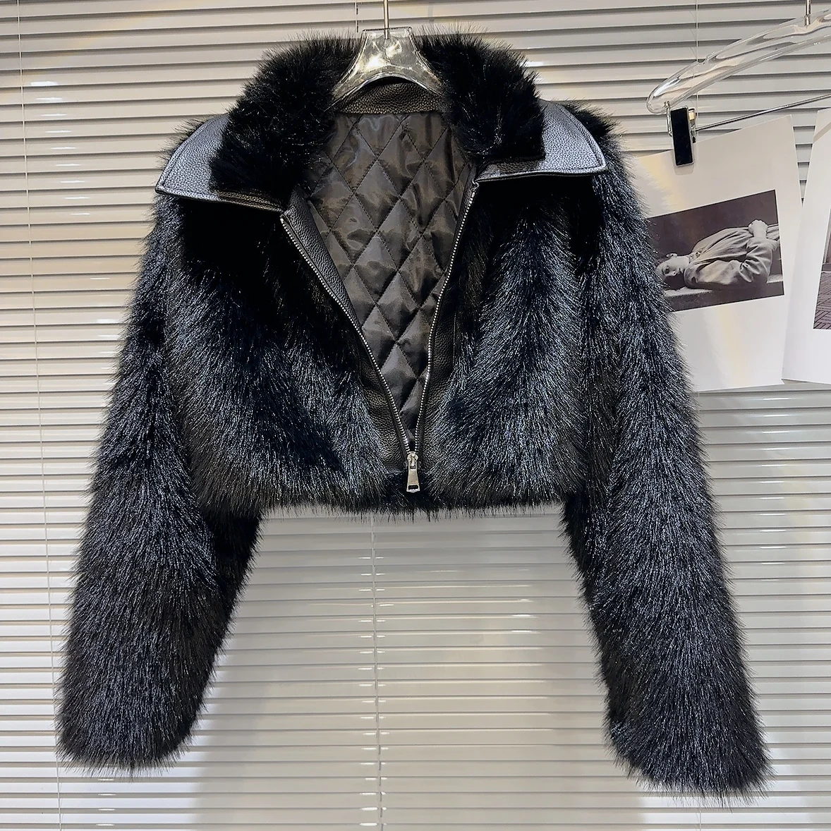 Net Red 2023 New Autumn Winter Patchwork PU Leather Turn-down Collar Fur Jackets Spice Girls Quilted Imitation Fur Coat Black