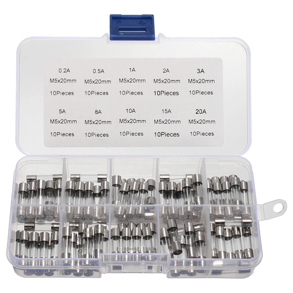 100Pcs Glass Tube Fuse Assorted Kit 5 * 20MM Fast-blow Glass Tube Fuse Amp 0.2A-20A Glass Fuse Assortment Pack with Storage Box
