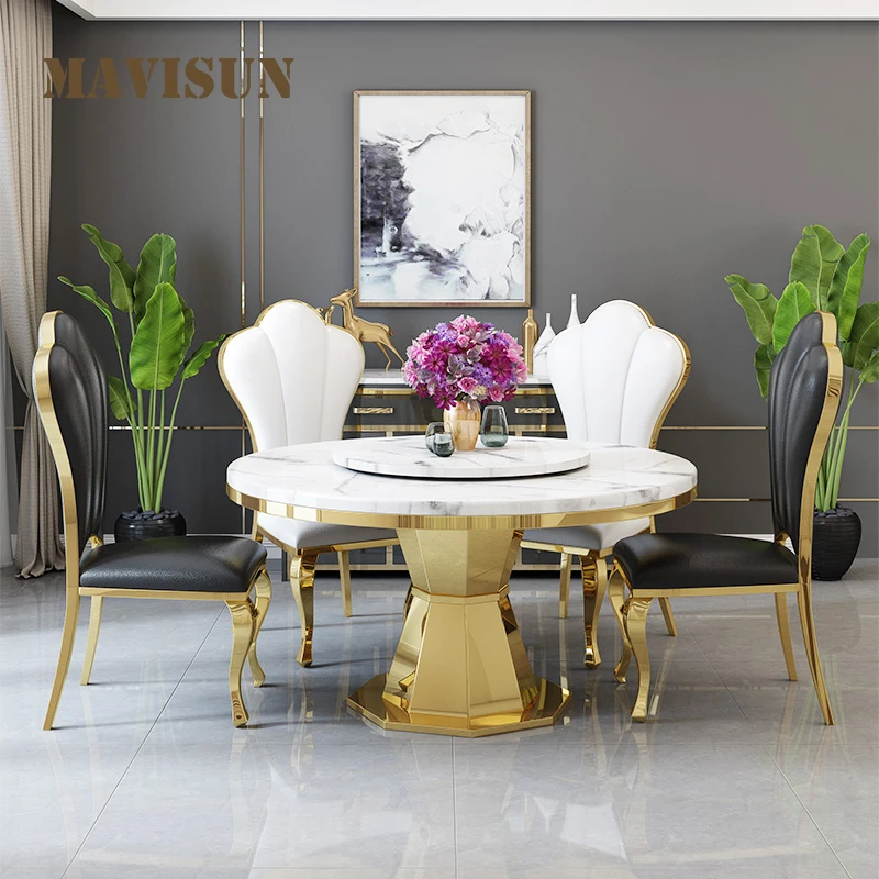 

Postmodern Light Luxury Simple Round Table With Turntable Restaurant Small Apartment Household Marble Dining Table And Chair Set