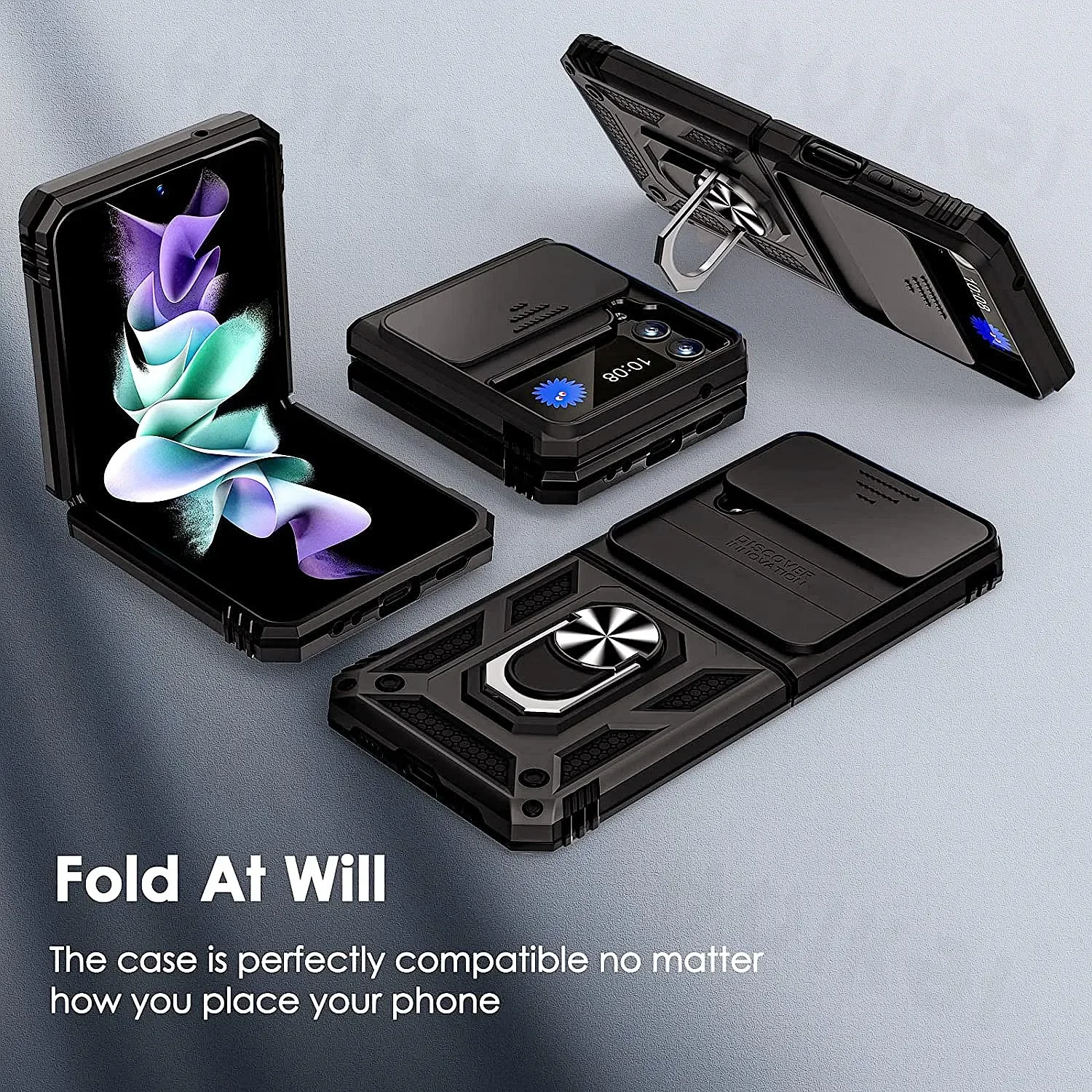 Slide Camera Lens Cover For Samsung Galaxy Z Flip 4 2022 Case Hinge Protection Magnetic Kickstand Military Shockproof Protective 6