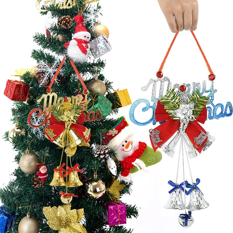 

28x20cm Christmas Tree Bow With Bell Christmas Tree Hanging Ornaments Bowknot Pendants Xmas Home Door Wreath Decor New Year Gift