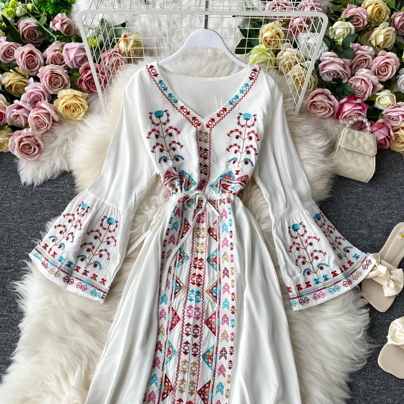 green emerald velvet dress Women's Bohemian Floral Embroidered V Neck 3/4 Sleeves Front Split Button Maxi Boho Dress, Red / S