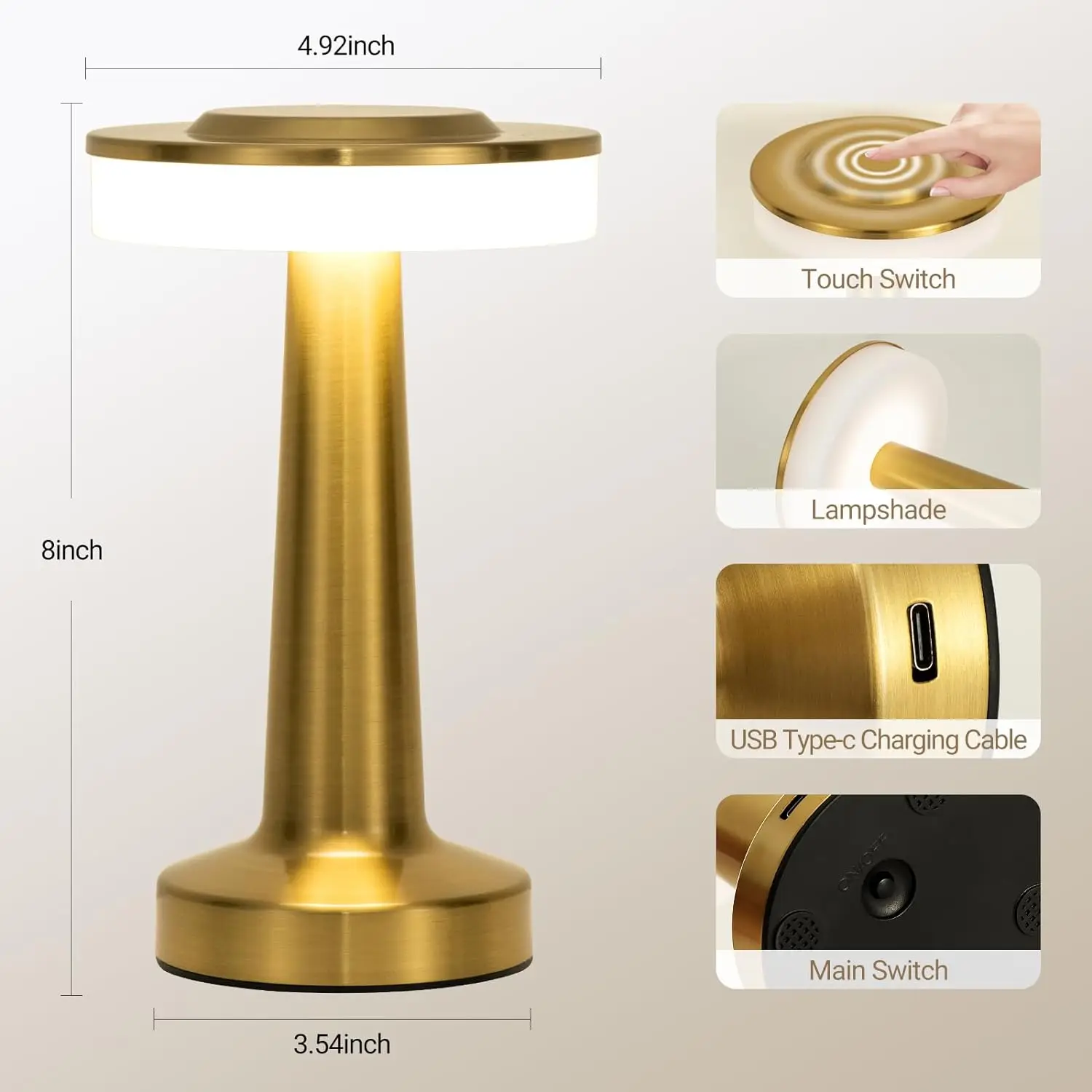 LED Table Lamp Touch Sensor Rechargeable Desktop Night Light Wireless Reading Lamp for Restaurant Hotel Bar Bedroom Decor Light 4