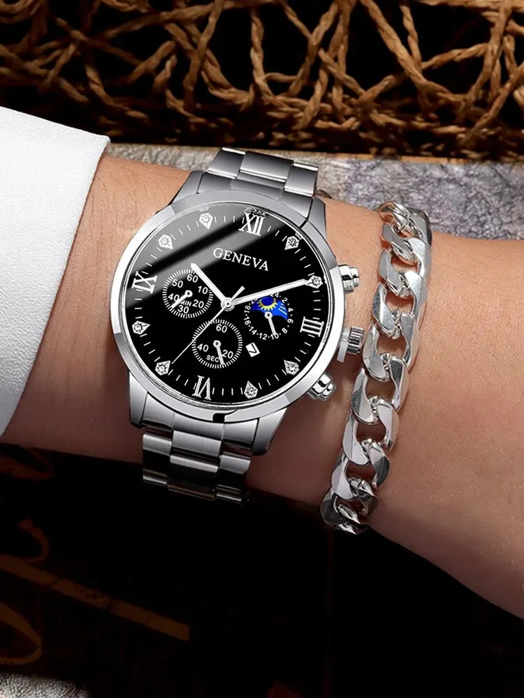 2pcs Fashion Business Calendar Men's Round Roman Scale Steel Band Quartz Watch with Trendy Chain Bracelet Set 3