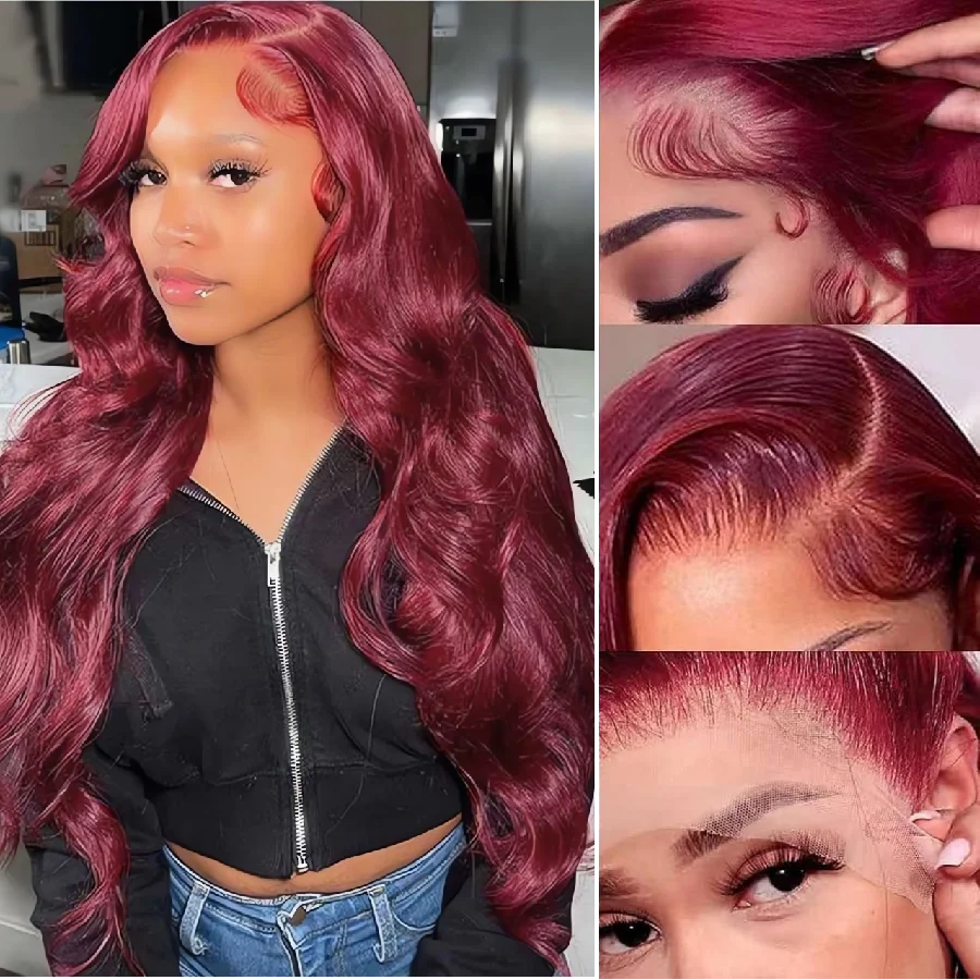 99J Burgundy Lace Frontal Wig 13x6 Body Wave Lace Front Wig HD Transparent Lace Frontal Wig Human Hair Pre Plucked 99j Red Color 4