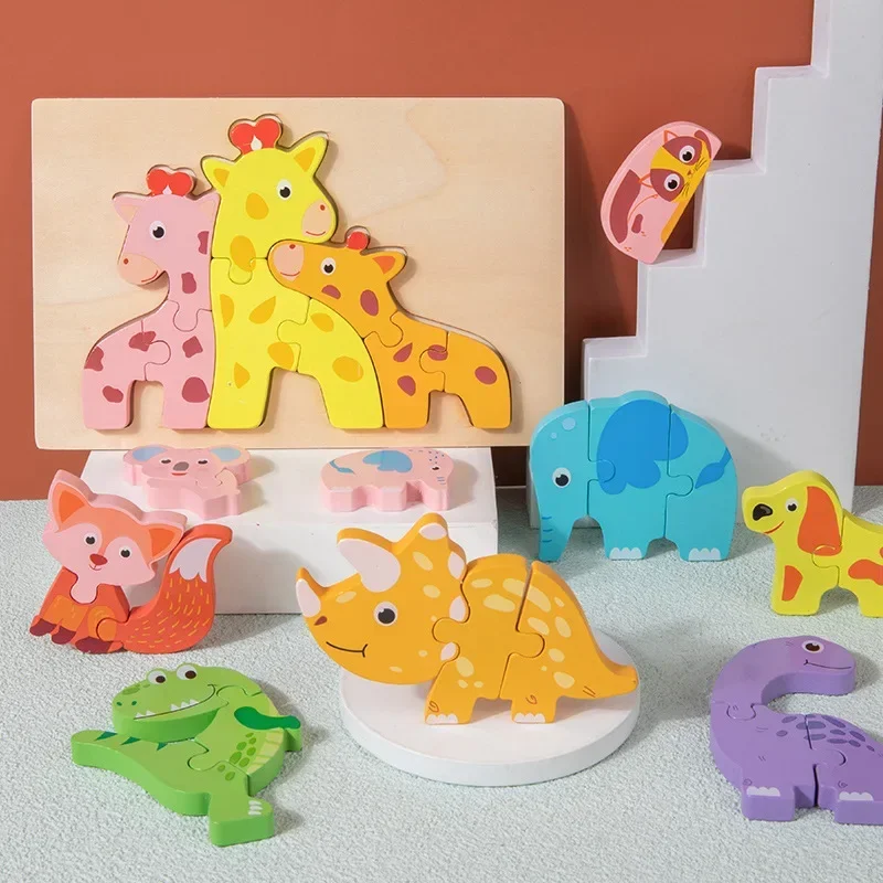3D Wooden Puzzles Cartoon Animals Early Learning Cognition Intelligence Educational Puzzle Games for Children Montessori Toys 2