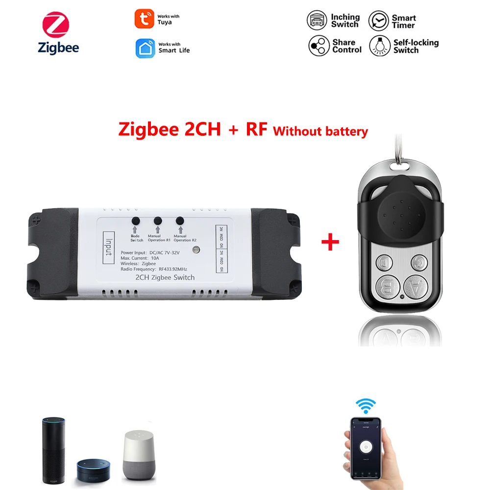 Zigbee 3.0 1ch 2ch Wifi Relay Module DC 12V 24V 7V-32V RF Smart Switch Work with Tuya Smart Life APP Self-locking Inching Mode 