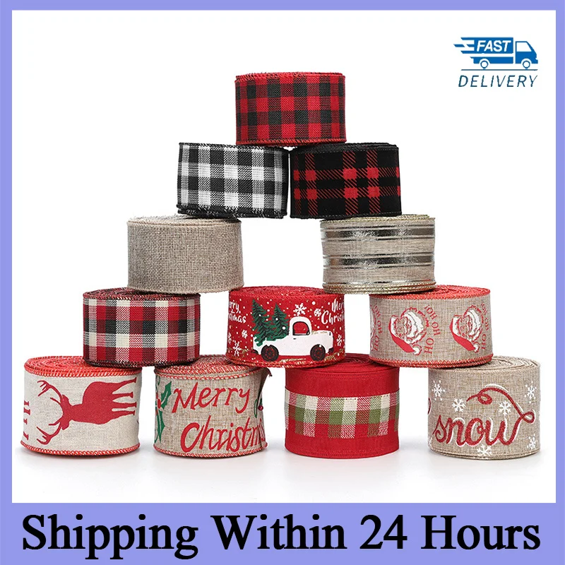 

2M Christmas Ribbon XMAS Tree Snowman Elk Printed Burlap Ribbon Christmas New Year DIY Gift Wrapping Wreath Bow Craft Decoration