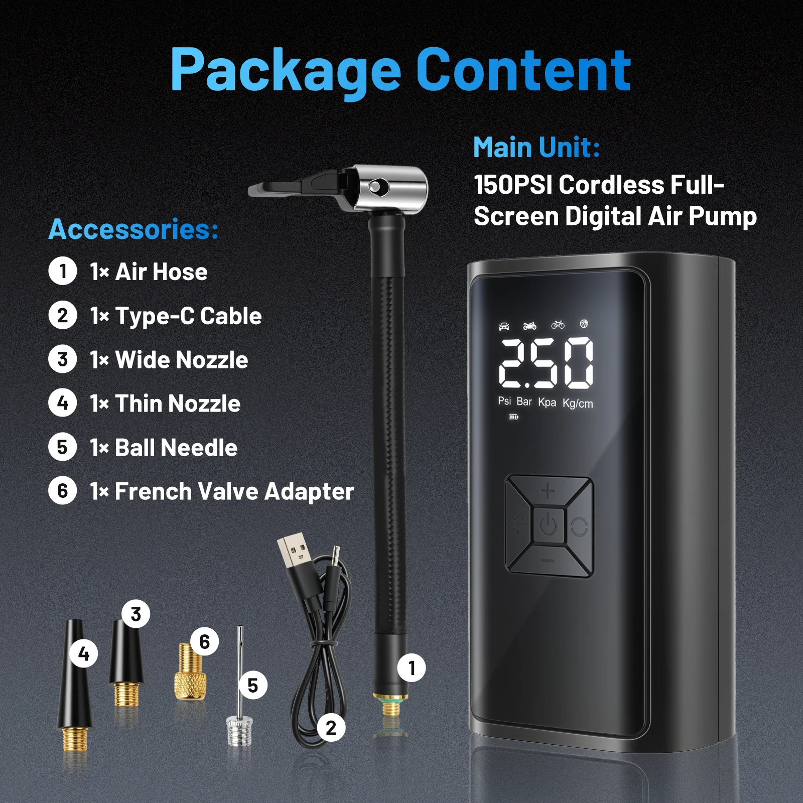 150PSI Cordless Air Pump 12V Tire Air Compressor LED Light USB Rechargeable Full-Screen Digital for Car Motorcycle Bicycle