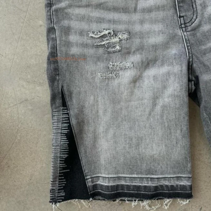 Denim Casual Shorts Men Ins Net Red Letters Patchwork Embroidery Design Denim Shorts American Retro Loose Street Couple Shorts