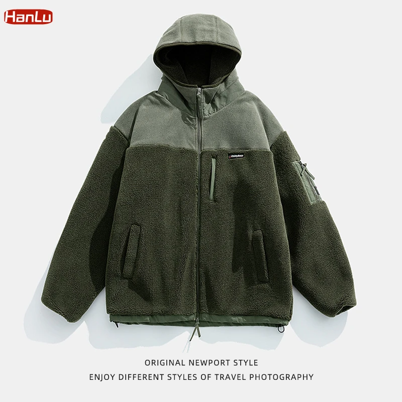 Winter Fleece Faux Fur Parkas Fashion Mens Warm Lambswool Coats Outdoor Sport Zipper Oversize Green Fleece Hooded Jacket for Men