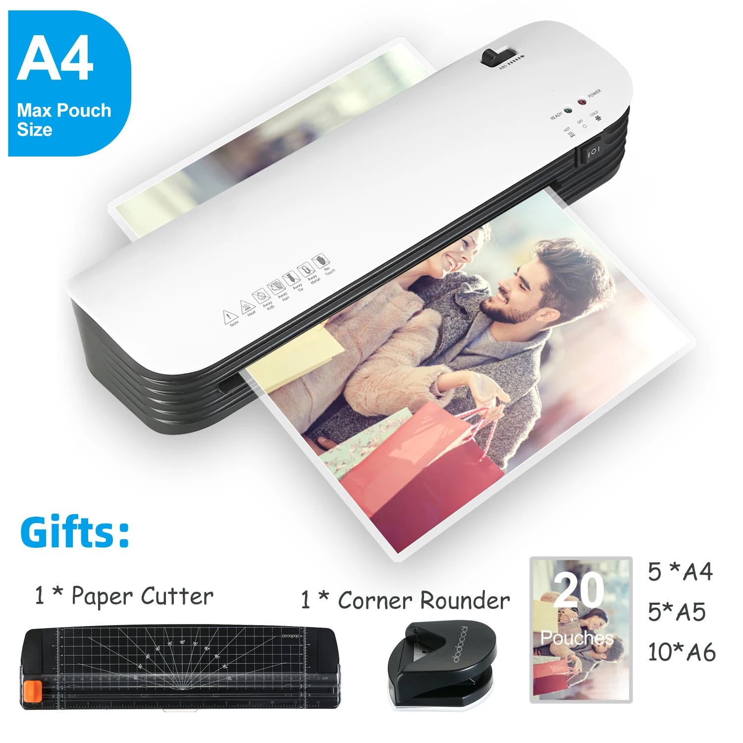 SL299 Laminator Machine Set A4 Size Hot and Cold Lamination 2 Roller System w/ 20 Laminating Pouches Paper Cutter Corner Rounder laminating machine