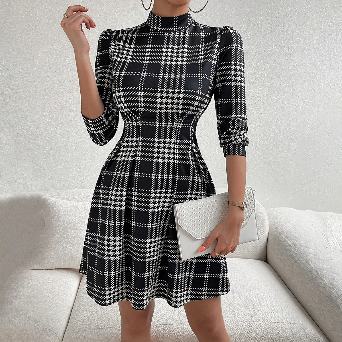 

Women Dresses Summer Fashion Half High Collar Plaid Long Sleeved Waist Retraction Elegant Temperament Dress Short Dress