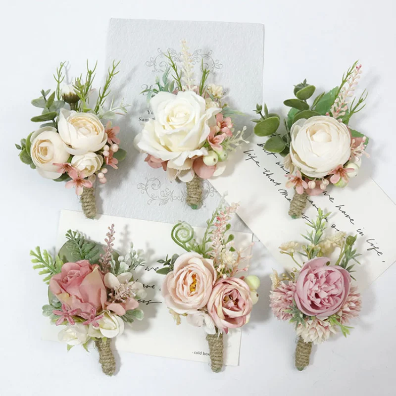 Groom Corsage Wedding Boutonniere Pink Brooch Flowers Bridesmaid Pin Buttonhole Boutonniere for Guests Marriage Accessories 16 pcs dress corsage flower stick brooch pin wedding decorations suit breastpin