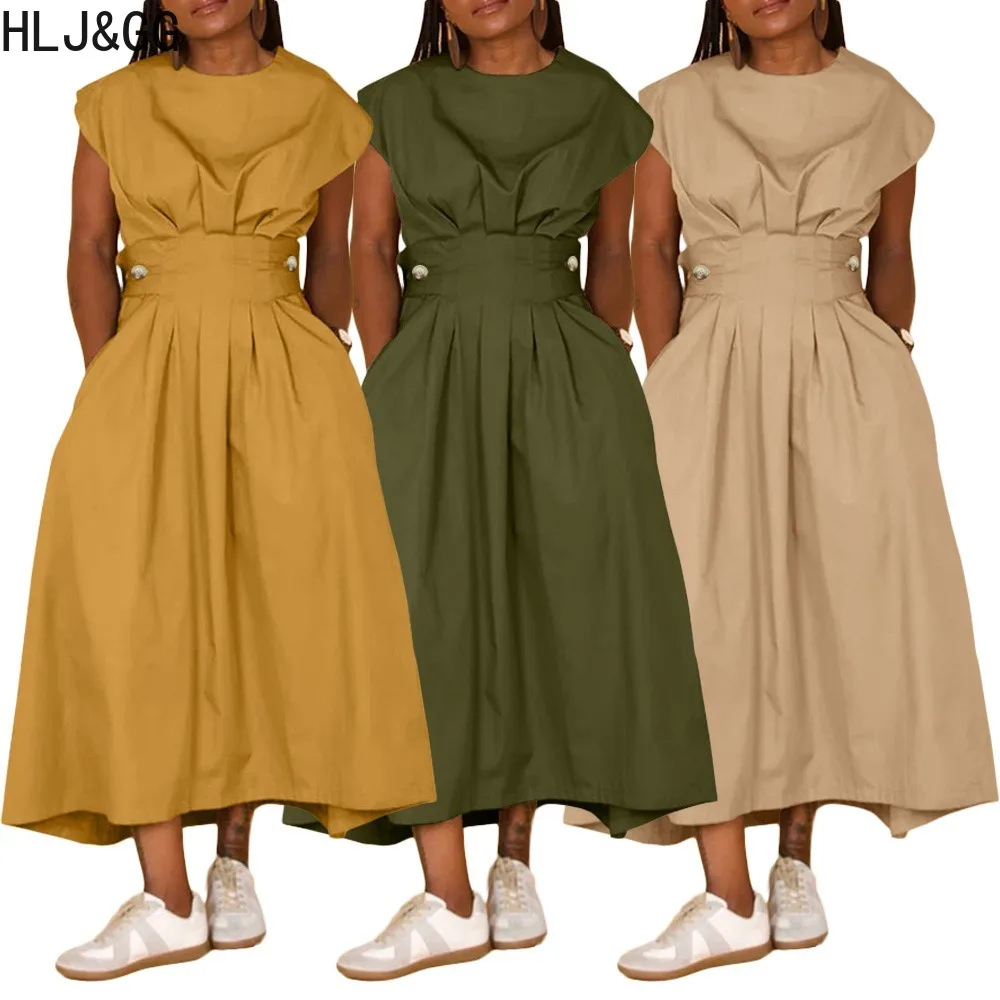 

HLJ&GG Spring New Streetwear Women Round Neck Sleevless Ruched Large Skirt Hem Mid Dresses Fashion Female Solid Loose Clothing
