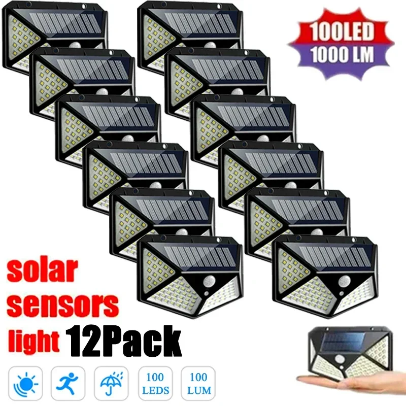 PIR 모션 센서 태양열 조명, 야외 벽 램프, 정원 마당용 100LED 태양광 발전 가로등, 12 개, 8 개, 6 개, 4 개, 2 개, 1 개
