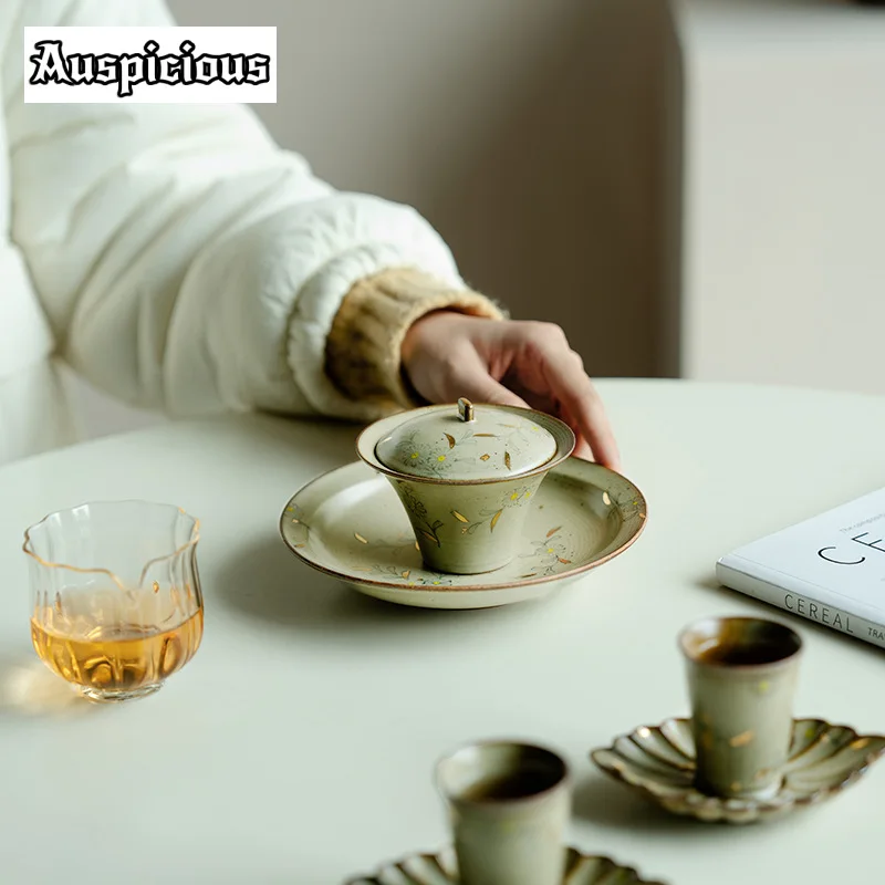 120ml Outline in Gold Tea Bowl Hand-painted Small Daisies Gaiwan Retro Tea Tureen Making Cover Bowl Ceremony Gift Kettle