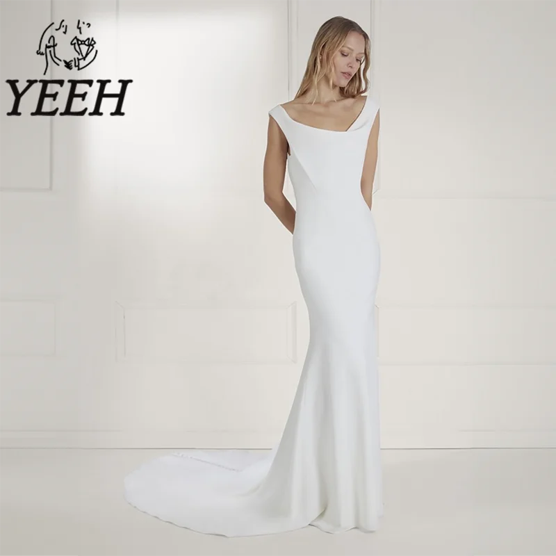 

YEEH Simple Plain Wedding Dress Draped Low Back Boat Neck Bridal Gown Satin Mermaid Court Train Vestido De Noiva for Bride