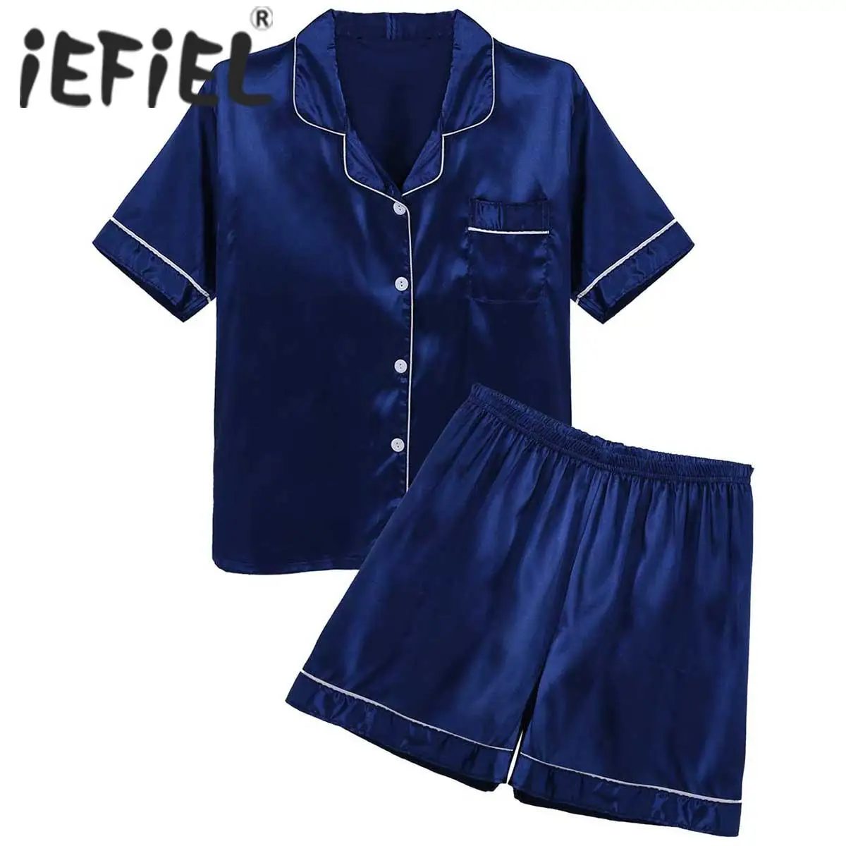 Mens Sleepwear Silky Satin Pajamas Set Loungewear Notch Collar Short Sleeves Button Down Shirt Top with Boxer Shorts Nightwear man pajamas set