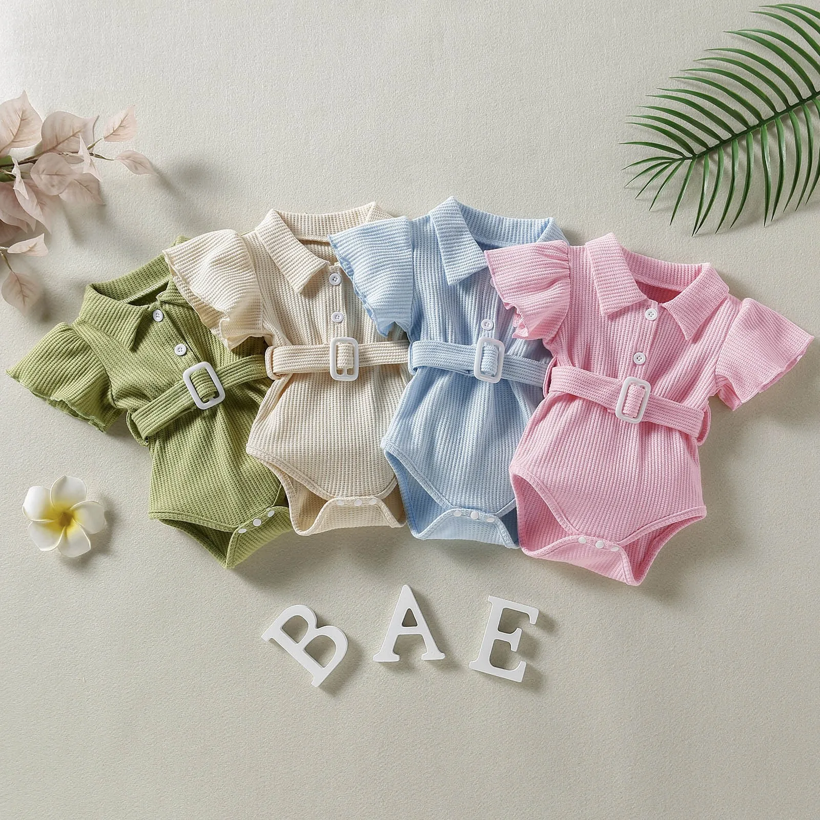 Baby Girl Warm Clothes Toddler Kids Infant Girls Cute Ribbed Flare Short Sleeves Romper Jumpsuit Belt Womens Ballerina Leotard