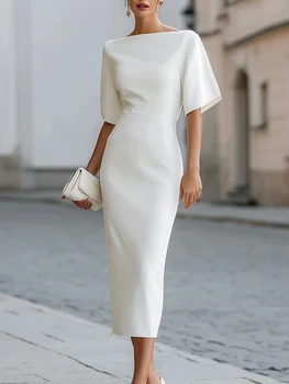 Boat Neck Midi Dress Short Sleeve Elegant Formal Cocktail Party Dress for Women