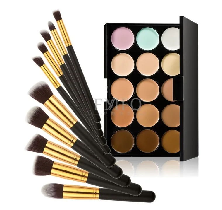 

10 pcs makeup Brushes+15 color Concealer Palette makeup set kit Pincel Maquiagem make up combination set Foundation Brush