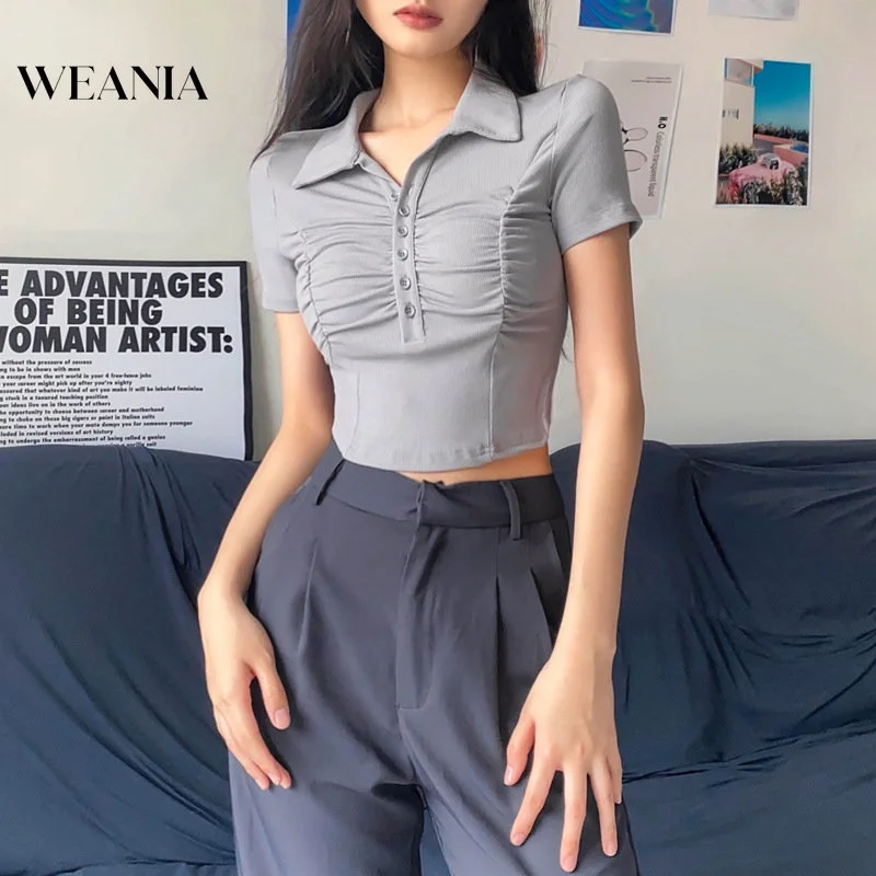 

Casual Women's Lapel Button Pleated Short Sleeve Street Polo T-shirt