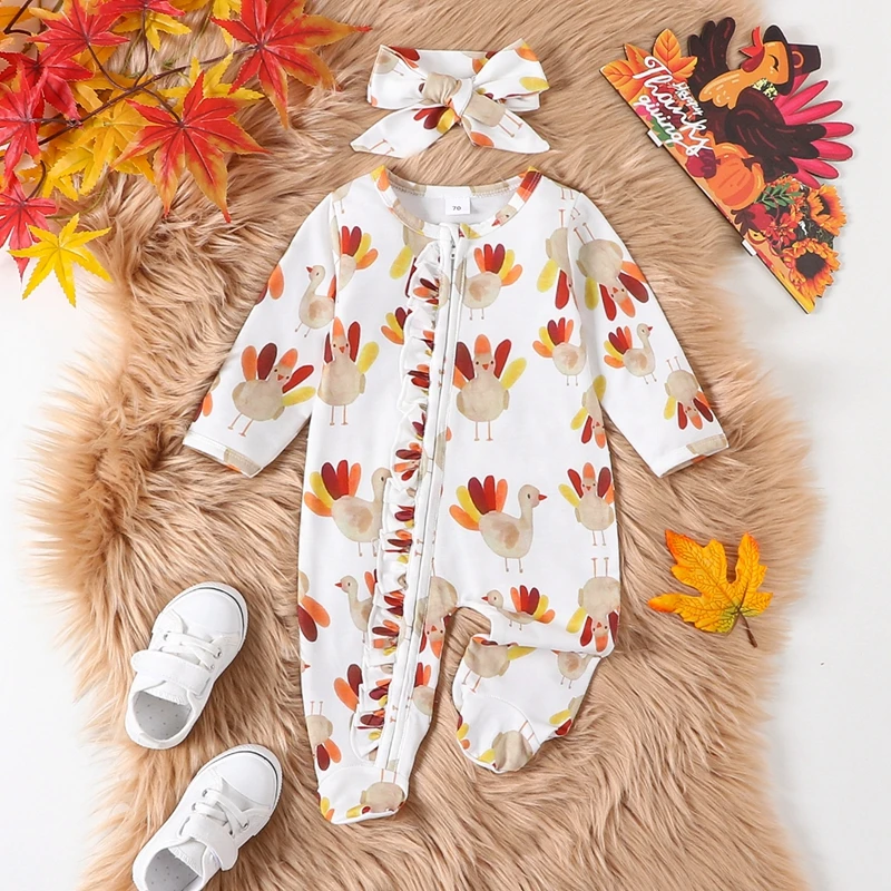 

Baby Girl Boy Thanksgiving Outfit 1st Thanksgiving Turkey Long Sleeve Romper Jumpsuit Bodysuit Fall Clothes