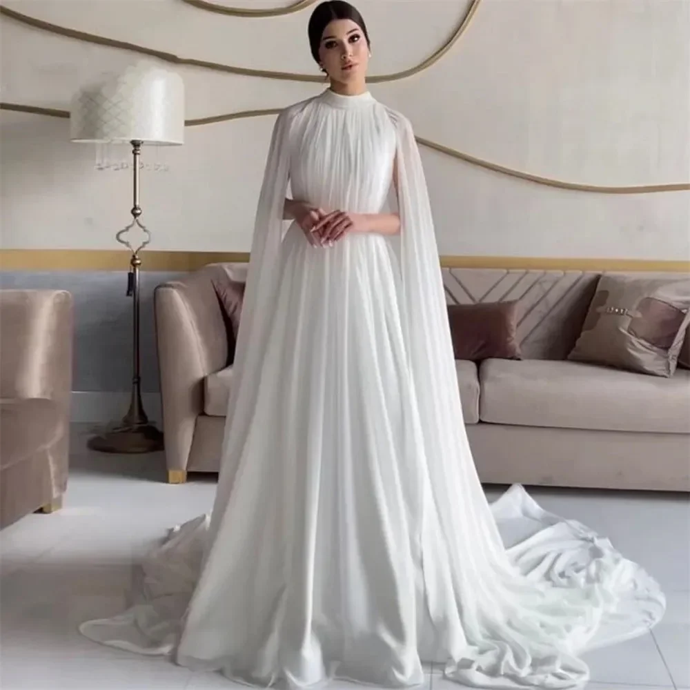 Saudi Arabia Wedding Dress Cap Sleeves High Neck Chiffon Sweep Train A-line Bridal Party Gowns