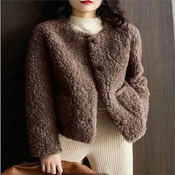 Fashion Women Tops Winter New Korean Vintage Imitation Lamb Wool Jacket Round Neck Large Pocket Jacket Coat Women Winter Jacket