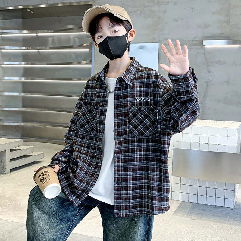한국 아동복 2026 봄 체크무늬 단추 셔츠 남아용 긴팔 블라우스 키즈 포켓 셔츠 가을옷