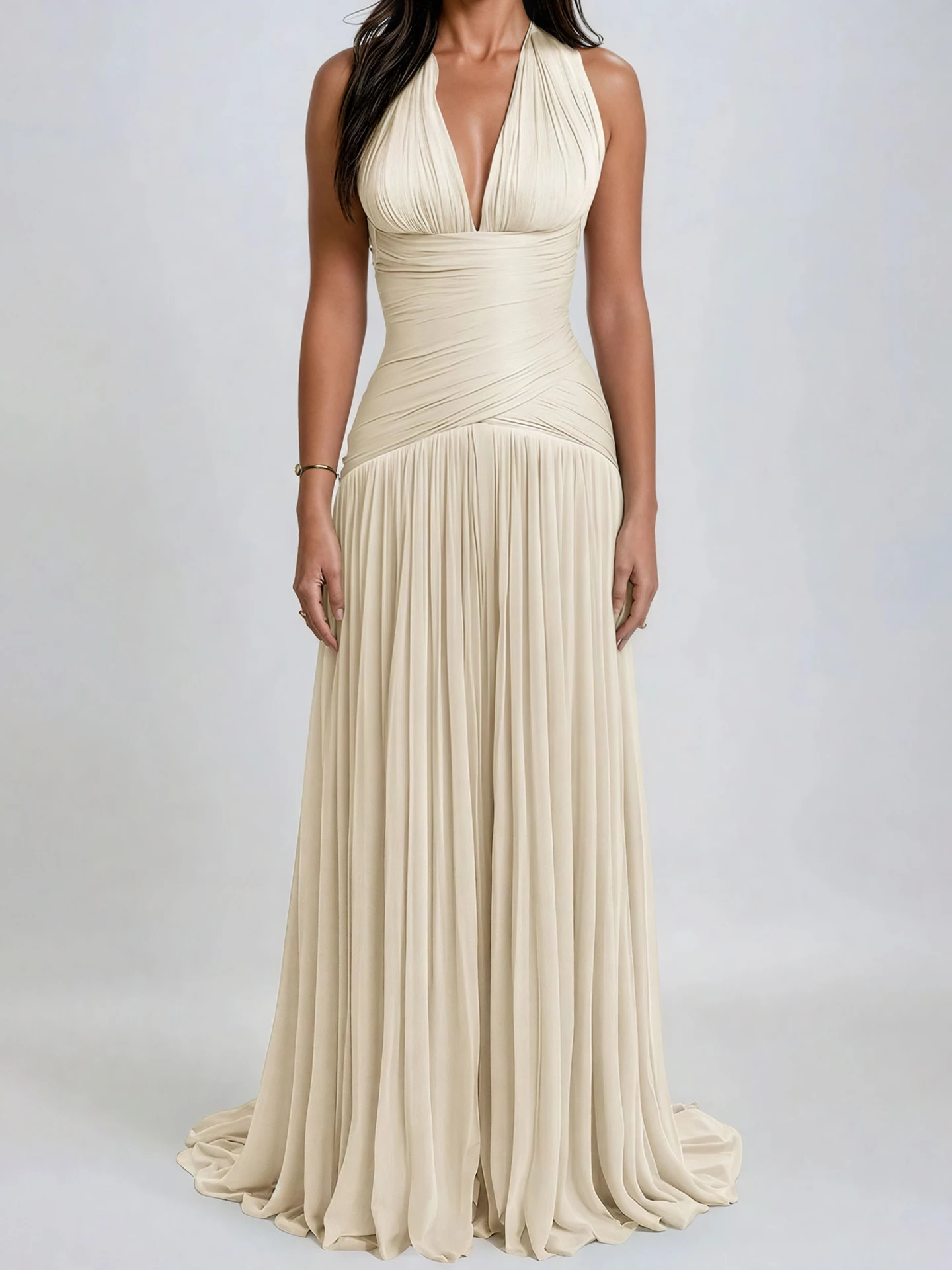 فستان VGH مثير بياقة على شكل V وخصر ضيق مع تصميم م...