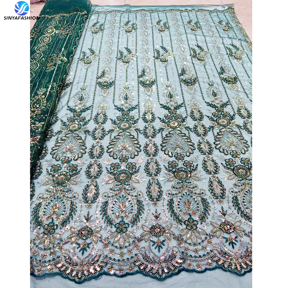 

Sinya Luxury Green 8-Colors African Wedding Asoebi Bridal French Tulle Embroidery Handmade Beaded Sequins Lace Fabric For Dress