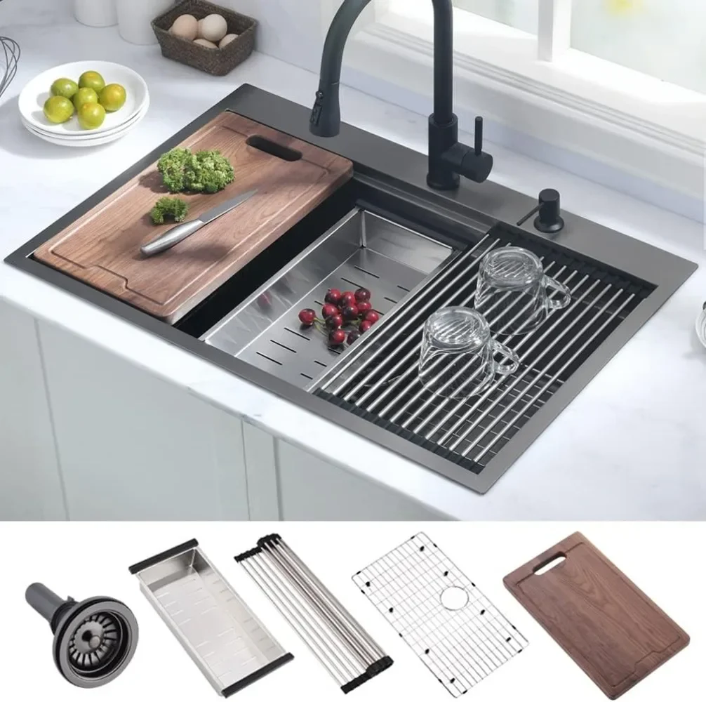 33x22 Black Stainless Steel Kitchen Sink Drop in Sink Double Ledges Workstation Handmade 16 Gauge Single Bowl Deep Kitchen