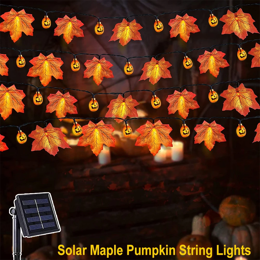 12m 7m 6.5m 5m Solar Maple Leaf Pumpkin Light String Outdoor Waterproof Autumn Ambient Wedding Xmas Halloween Thanksgiving Decor