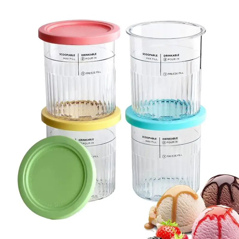 

4pcs Ice Cream Pints Cups Clear Bottle Sealed Cover Ice Cream Storage Containers Jar Cylindrical Design Ice Cream Maker Supply