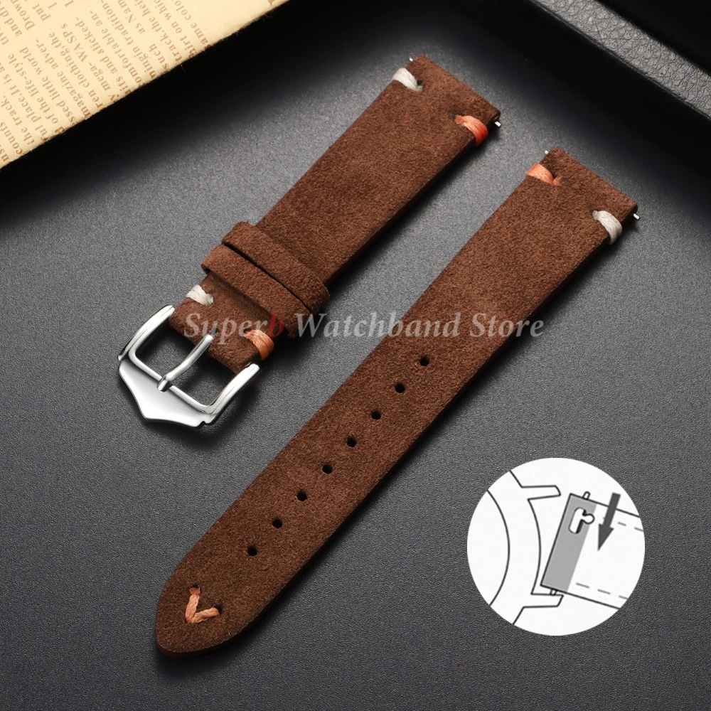 Vintage Suede Leather Watch Strap with Handmade Stitching – Soft and Universal Replacement Wristband