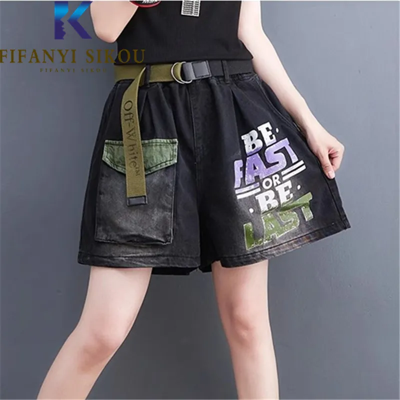 

Шорты женские с карманами и поясом, Модные свободные повседневные джинсовые шорты с эластичным поясом, с широкими штанинами, летние