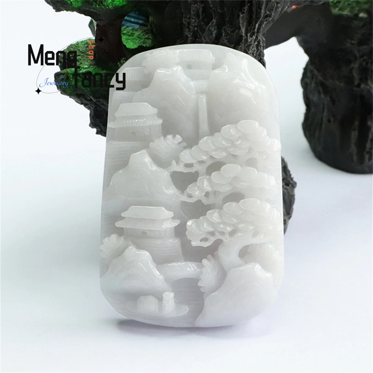 Natural Myanmar Jadeite Thick Cover Carved Landscape Card Simple Generous Personality Charm Fashion Men Women Fine Jewelry Gift