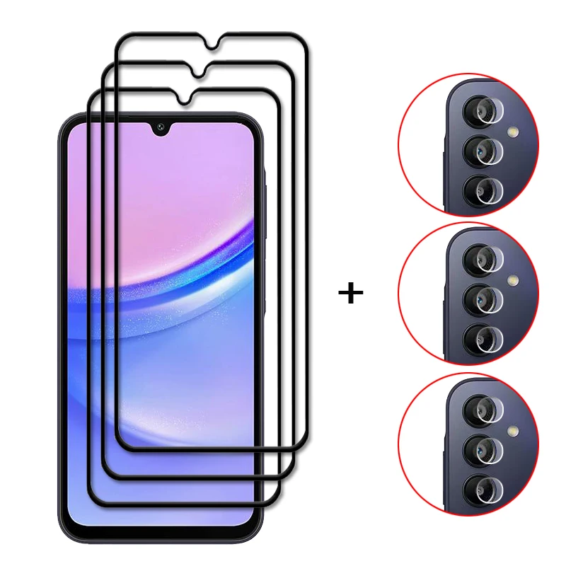

6in1 For Samsung Galaxy A15 Full Cover Tempered Glass Samsung Galaxy A15 Screen Protector 9H Lens Film For Samsung Galaxy A15