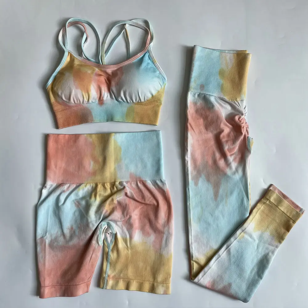 

3PCS Tie Dye Women Workout Sets Gym Fitness Clothing Sportswear Outfits High Waist Athletic Yoga Leggings Sports Bra TrackSuits