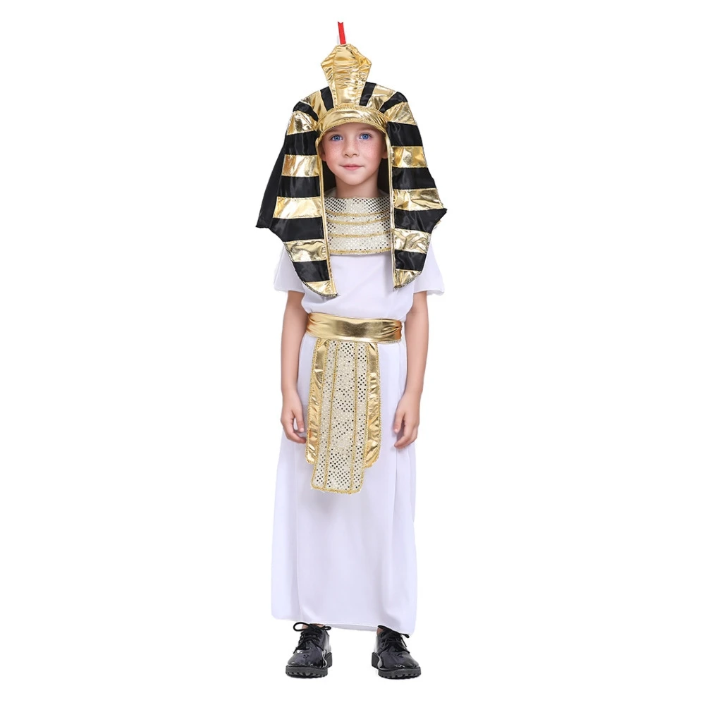 Kids Egyptian Costumes Set Short Sleeve Robe Neck Collar Belt Pharaoh Hat Cosplay Clothes for Party Stage - Image 2