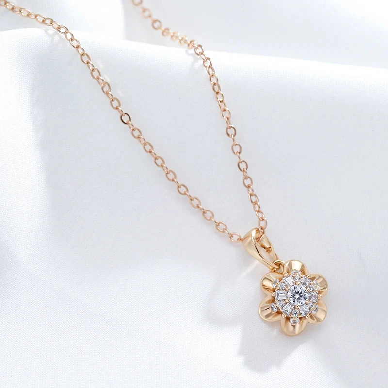 Kinel Hot 585 Rose Gold Color Crystal Flower Pendant Necklace For