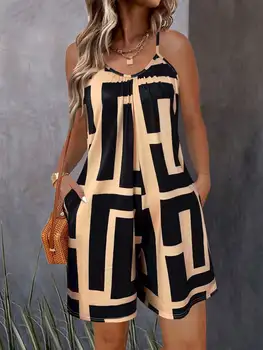 Women's All-Over Print Sleeveless Jumpsuit - Round Neck Strappy Romper, Vacation Beach Outfit, Flowy Summer Short Jumpsuit 1
